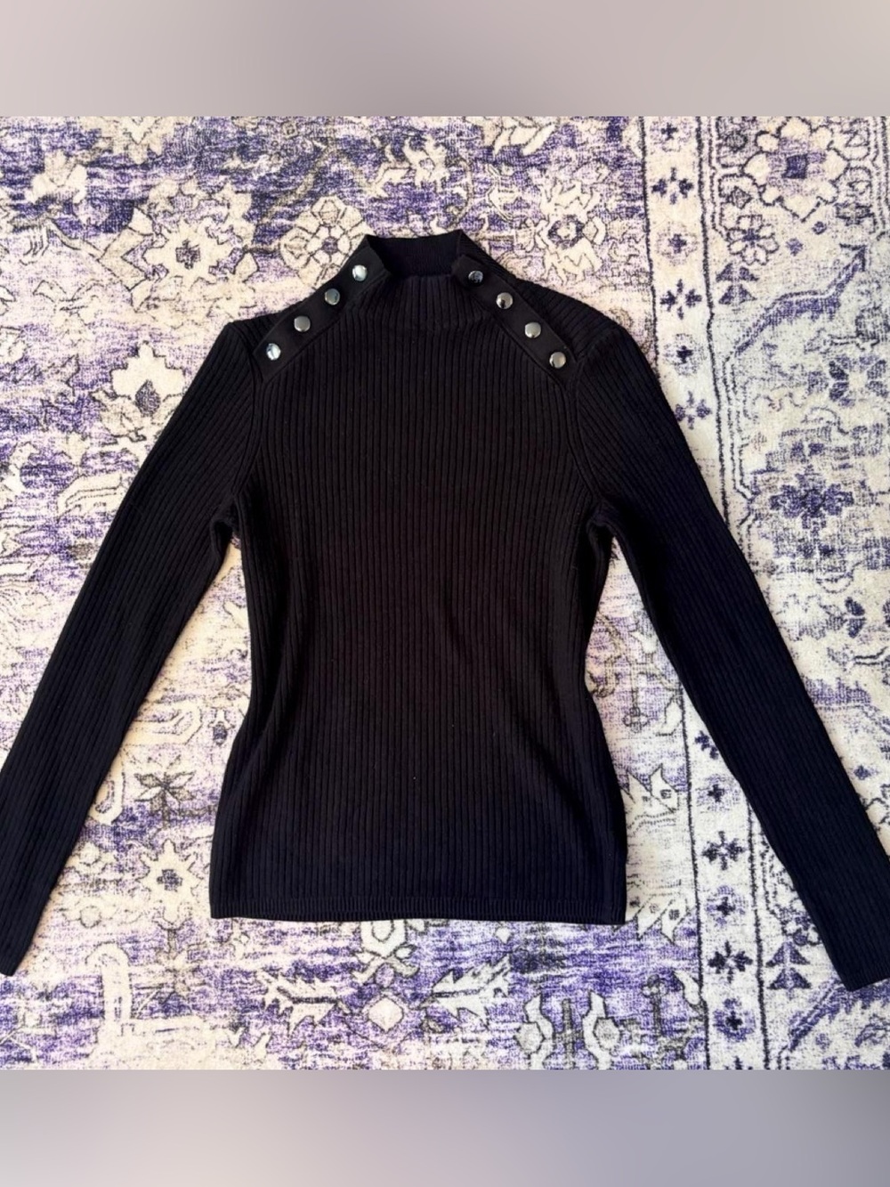 Talbots black ribbed knit turtle neck sweater top with silver buttons size XS